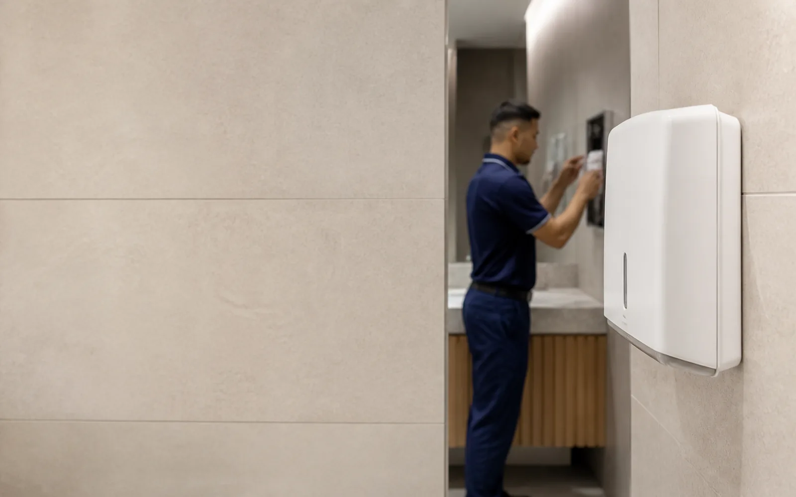 Dispenser instalado e conferido por profissional em banheiro comercial moderno