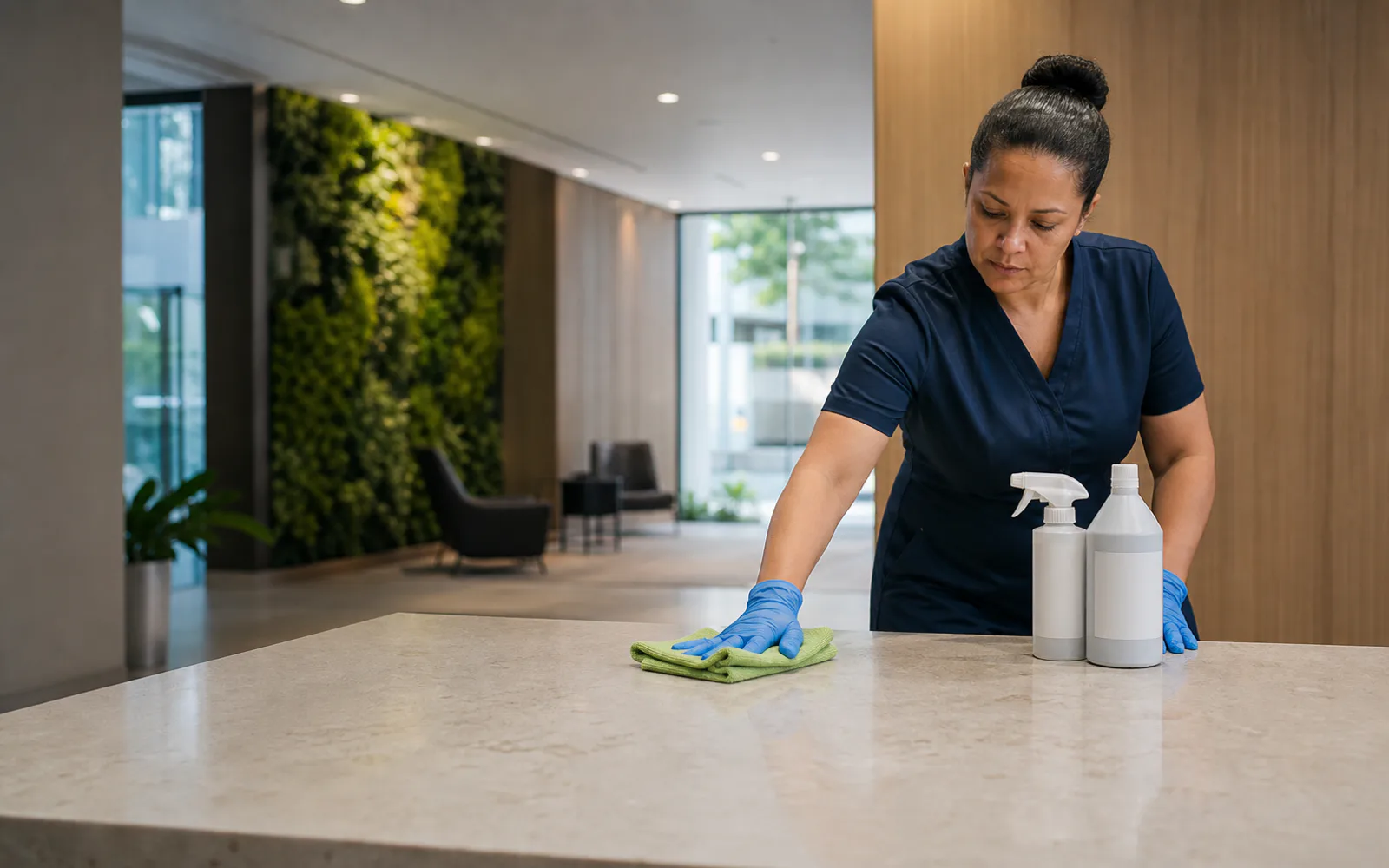 Profissional higienizando uma superfície comercial com materiais de limpeza sem marca